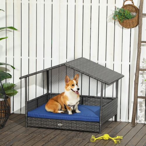 PawHut Wicker Dog House Outdoor With Canopy, Rattan Dog Bed With Water-resistant Cushion, For Small And Medium Dogs, Dark Blue - Image 6 | PawIQ Pet Tech