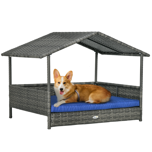 PawHut Wicker Dog House Outdoor With Canopy, Rattan Dog Bed With Water-resistant Cushion, For Small And Medium Dogs, Dark Blue - Image 1 | PawIQ Pet Tech