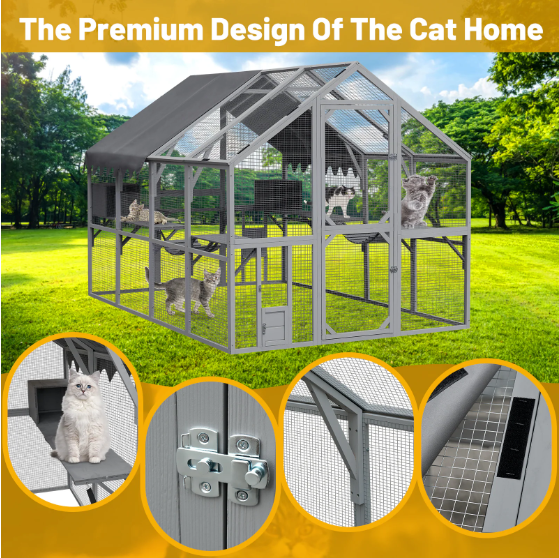 Outdoor Cat House Cat Enclosures 110 Large Kitten Playpen With Platforms,Upgrade Waterproof Cover-grey - Image 4 | PawIQ Pet Tech