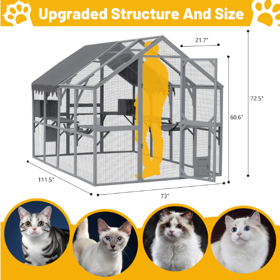 Outdoor Cat House Cat Enclosures 110 Large Kitten Playpen With Platforms,Upgrade Waterproof Cover-grey - Image 1 | PawIQ Pet Tech