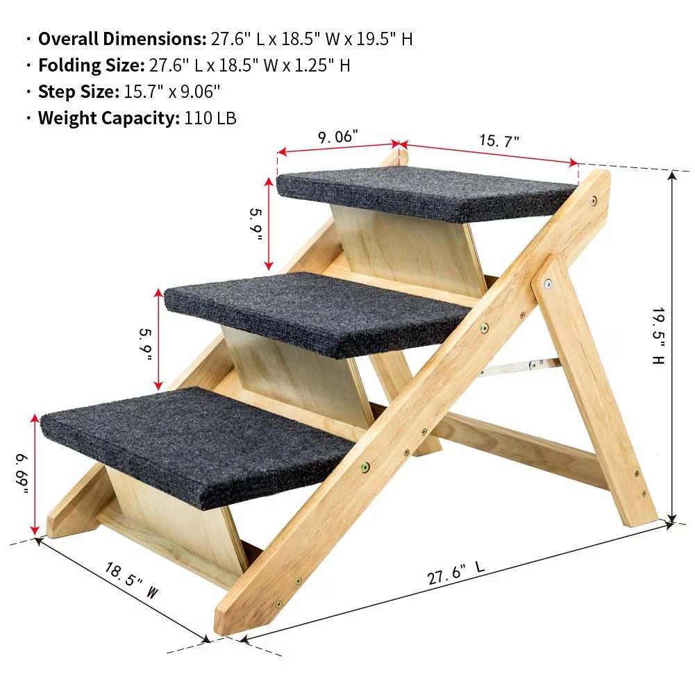 Wood Pet Stairs Pet Steps  Foldable 3 Levels Dog Stairs  Ramp Perfect For Beds And Cars Portable Dog Cat Ladder Up To 110 Pounds - Image 2 | PawIQ Pet Tech