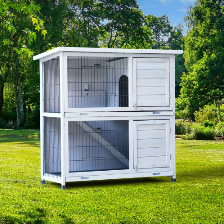 Rabbit Hutch Outdoor, 2-Story Rabbit Cage Indoor With Run, Bunny Cage With 2 Removable No-Leak Trays, Pet Cages With Non-Slip Ramp, Waterproof Roof, Fence, For Small Animals - Image 8 | PawIQ Pet Tech