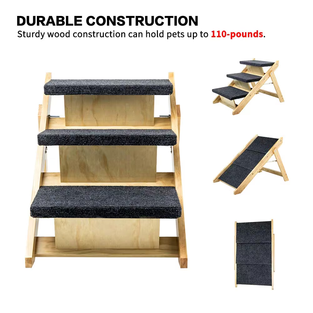 Wood Pet Stairs Pet Steps  Foldable 3 Levels Dog Stairs  Ramp Perfect For Beds And Cars Portable Dog Cat Ladder Up To 110 Pounds - Image 1 | PawIQ Pet Tech