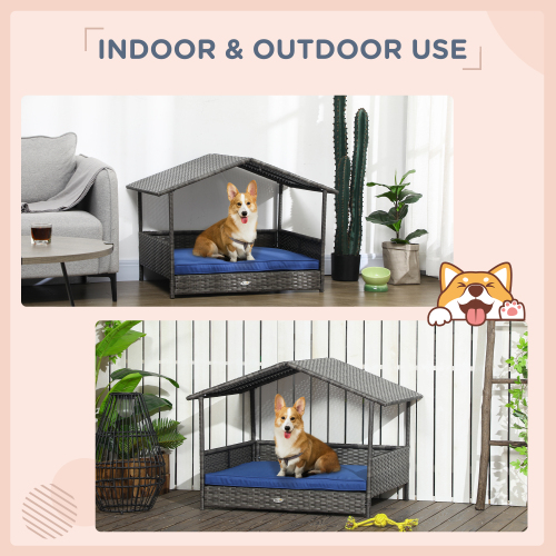 PawHut Wicker Dog House Outdoor With Canopy, Rattan Dog Bed With Water-resistant Cushion, For Small And Medium Dogs, Dark Blue - Image 2 | PawIQ Pet Tech
