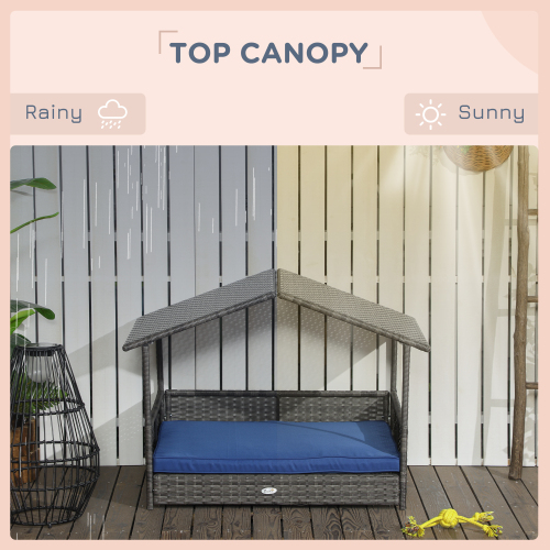 PawHut Wicker Dog House Outdoor With Canopy, Rattan Dog Bed With Water-resistant Cushion, For Small And Medium Dogs, Dark Blue - Image 5 | PawIQ Pet Tech
