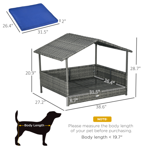 PawHut Wicker Dog House Outdoor With Canopy, Rattan Dog Bed With Water-resistant Cushion, For Small And Medium Dogs, Dark Blue - Image 3 | PawIQ Pet Tech